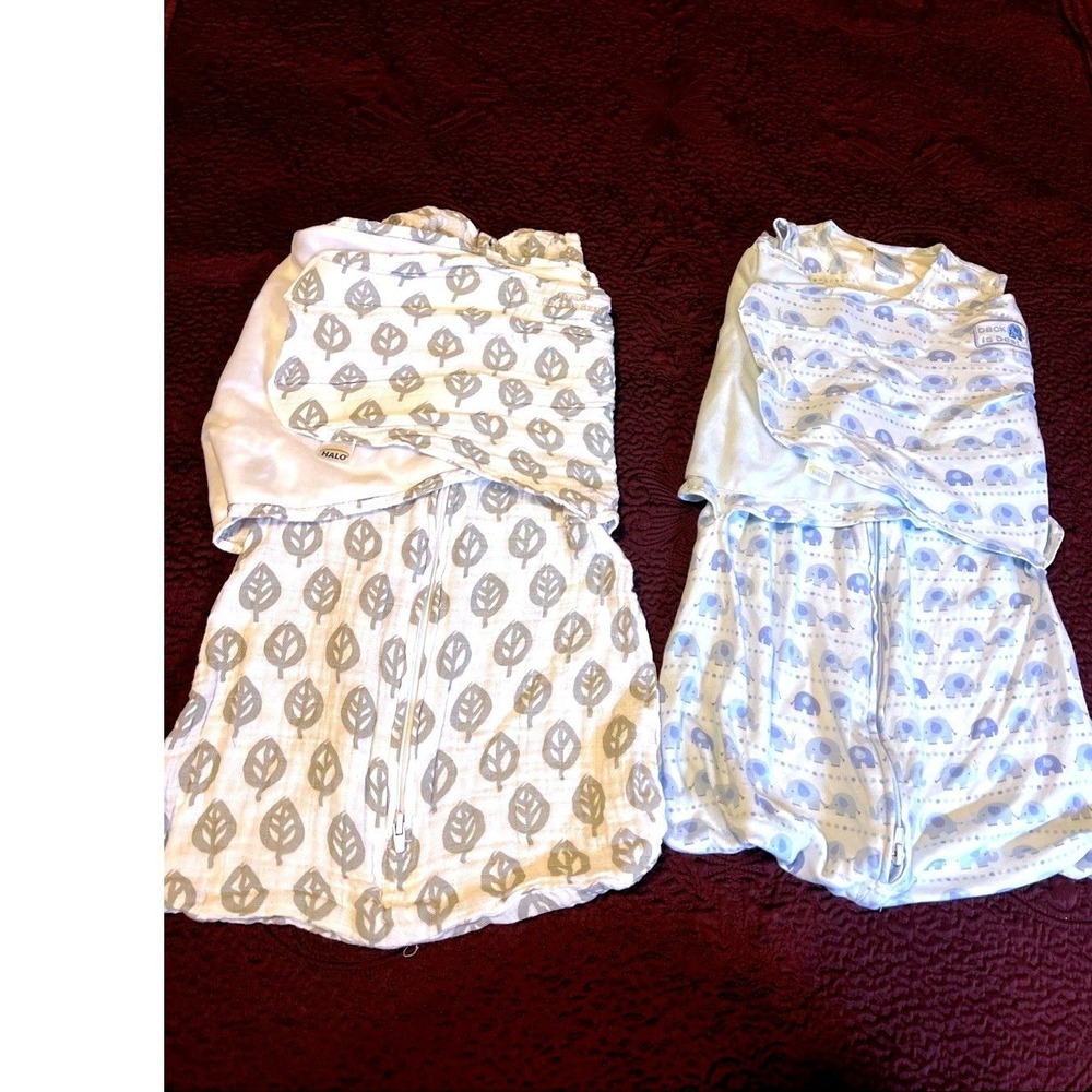 Lot of 2 HALO SleepSack Swaddle Small 3-6 Months Gray Leaves Blue Elephants Used